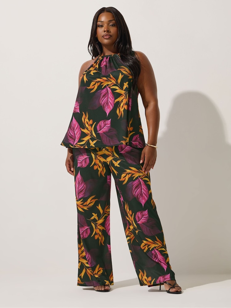 Yours Curve Black Limited Palm Tropics Halter Neck Top - Image 2 of 5