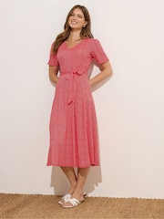 M&Co Red Ditsy Tie Waist Midi Dress - Image 1 of 5