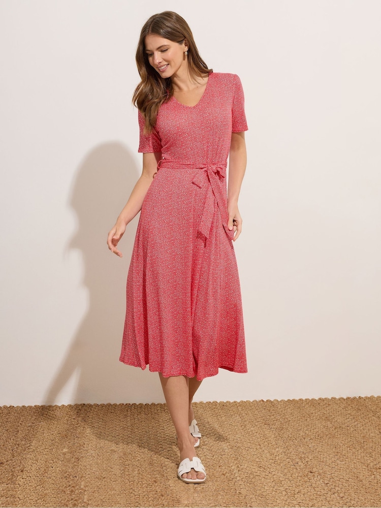 M&Co Red Ditsy Tie Waist Midi Dress - Image 2 of 5