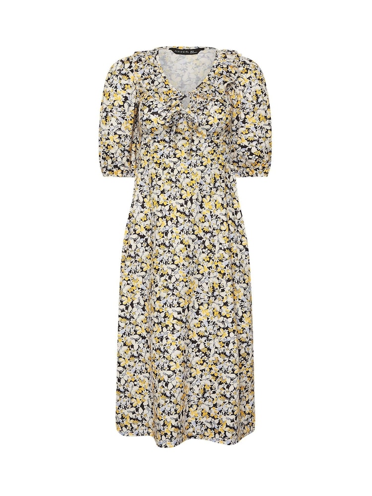 PixieGirl Petite Yellow Frill Neck Tie Front Mini Dress - Image 5 of 5