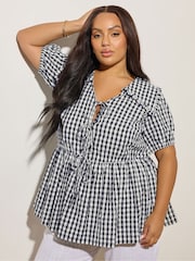 Yours Curve Blue Gingham Collar Blouse - Image 1 of 5