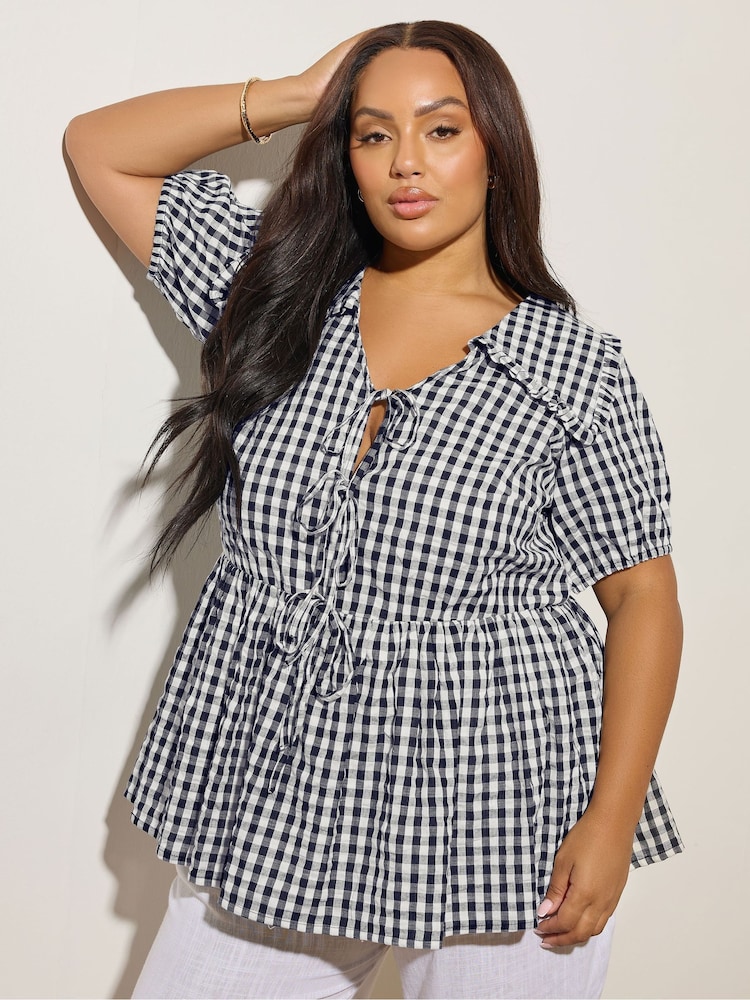 Yours Curve Blue Gingham Collar Blouse - Image 1 of 5