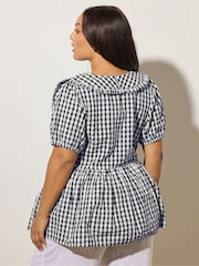 Yours Curve Blue Gingham Collar Blouse - Image 2 of 5