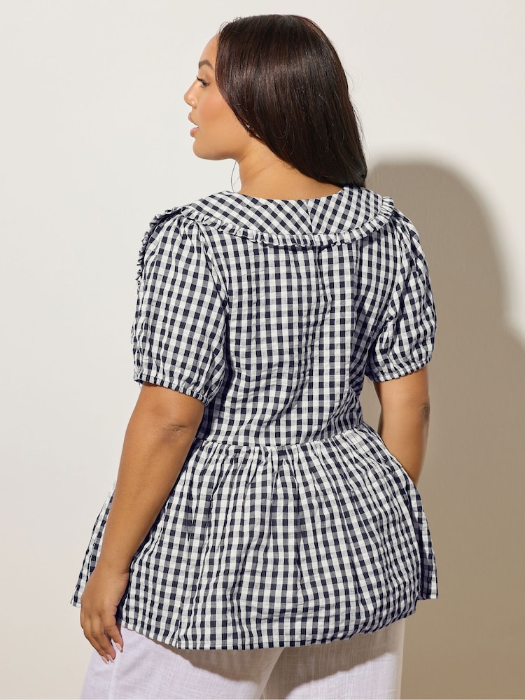 Yours Curve Blue Gingham Collar Blouse - Image 2 of 5