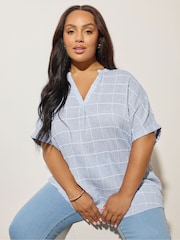 Yours Curve Blue Checed Notchneck Short Sleeve Blouse - Image 1 of 5