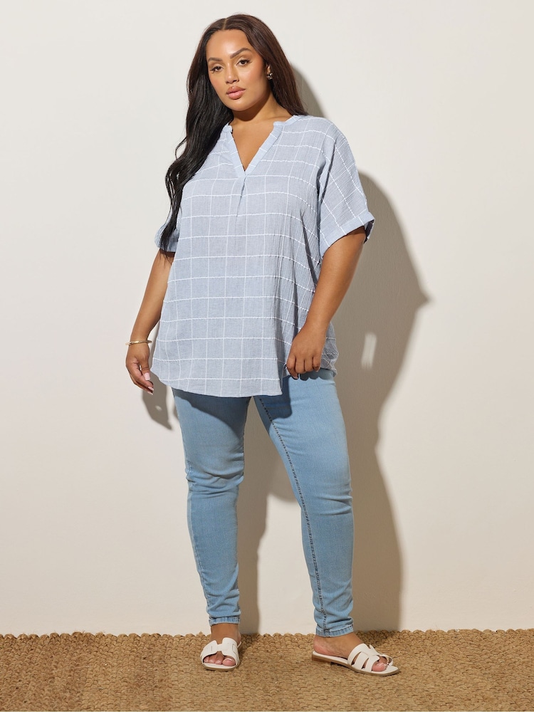 Yours Curve Blue Checed Notchneck Short Sleeve Blouse - Image 2 of 5