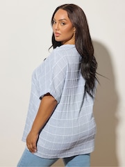 Yours Curve Blue Checed Notchneck Short Sleeve Blouse - Image 3 of 5