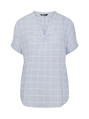 Yours Curve Blue Checed Notchneck Short Sleeve Blouse - Image 5 of 5