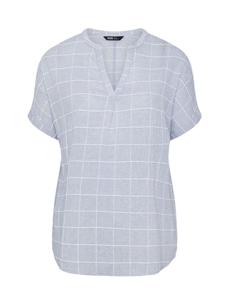 Yours Curve Blue Checed Notchneck Short Sleeve Blouse - Image 5 of 5