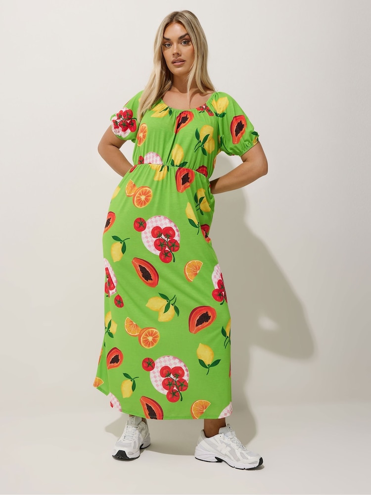 Yours Curve Green Limited Fruit Bardot Dress - Image 2 of 6