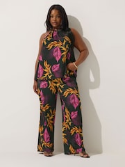 Yours Curve Black Limited Dark Palm Tropics Wide Leg Trousers - Image 1 of 5