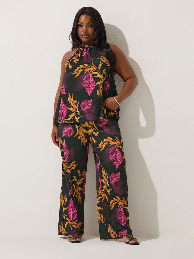 Yours Curve Black Limited Dark Palm Tropics Wide Leg Trousers - Image 1 of 5