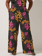 Yours Curve Black Limited Dark Palm Tropics Wide Leg Trousers - Image 2 of 5