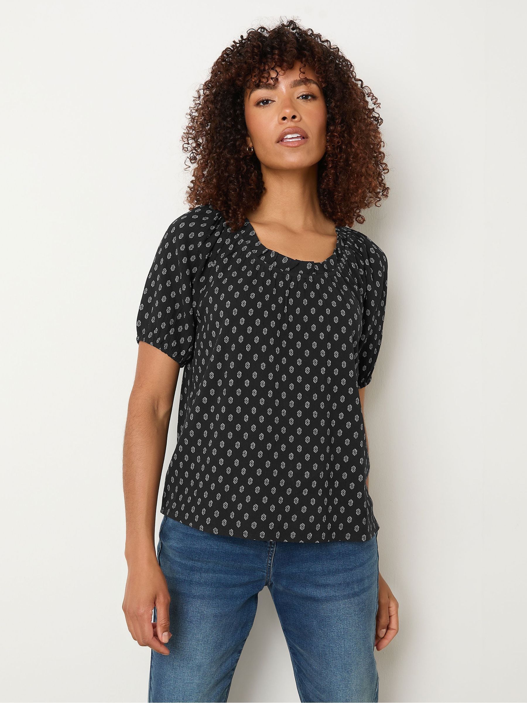 M&Co Black Dobby Boho Short Sleeve Blouse