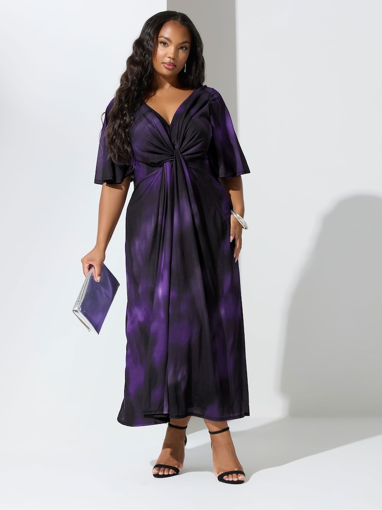 Yours Curve Purple London Knot Front Angel Sleeve Dress - Image 1 of 5