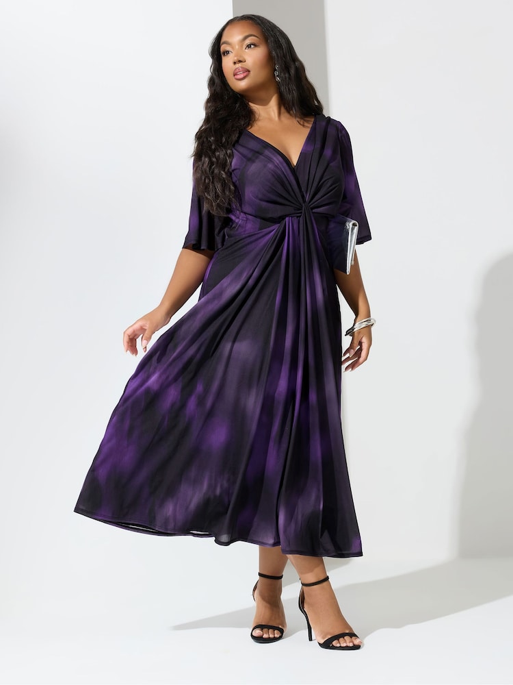 Yours Curve Purple London Knot Front Angel Sleeve Dress - Image 2 of 5