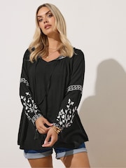 Yours Curve Black Embroidered Sleeve Boho Top - Image 1 of 5