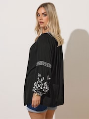Yours Curve Black Embroidered Sleeve Boho Top - Image 3 of 5