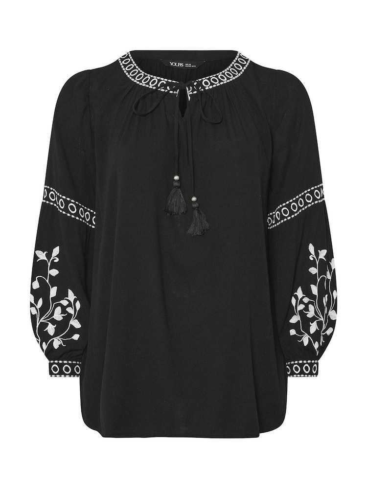 Yours Curve Black Embroidered Sleeve Boho Top - Image 5 of 5