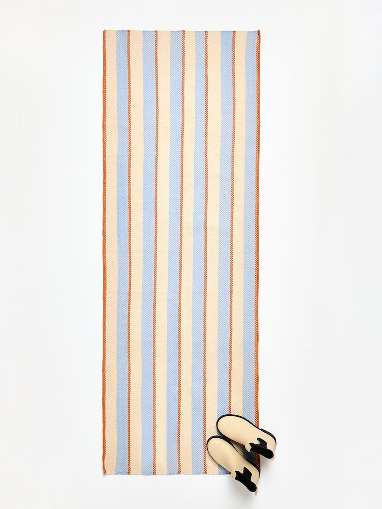 Oliver Bonas Blue/Orange Stripe Woven Runner Rug - Image 1 of 5