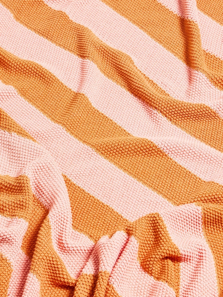 Oliver Bonas Pink/Orange Stripe Knitted Cotton Throw - Image 6 of 6