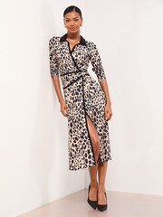 Lipsy Monochrome Petite Animal Print Wrap Collared Jersey Midi Shirt Dress - Image 1 of 4