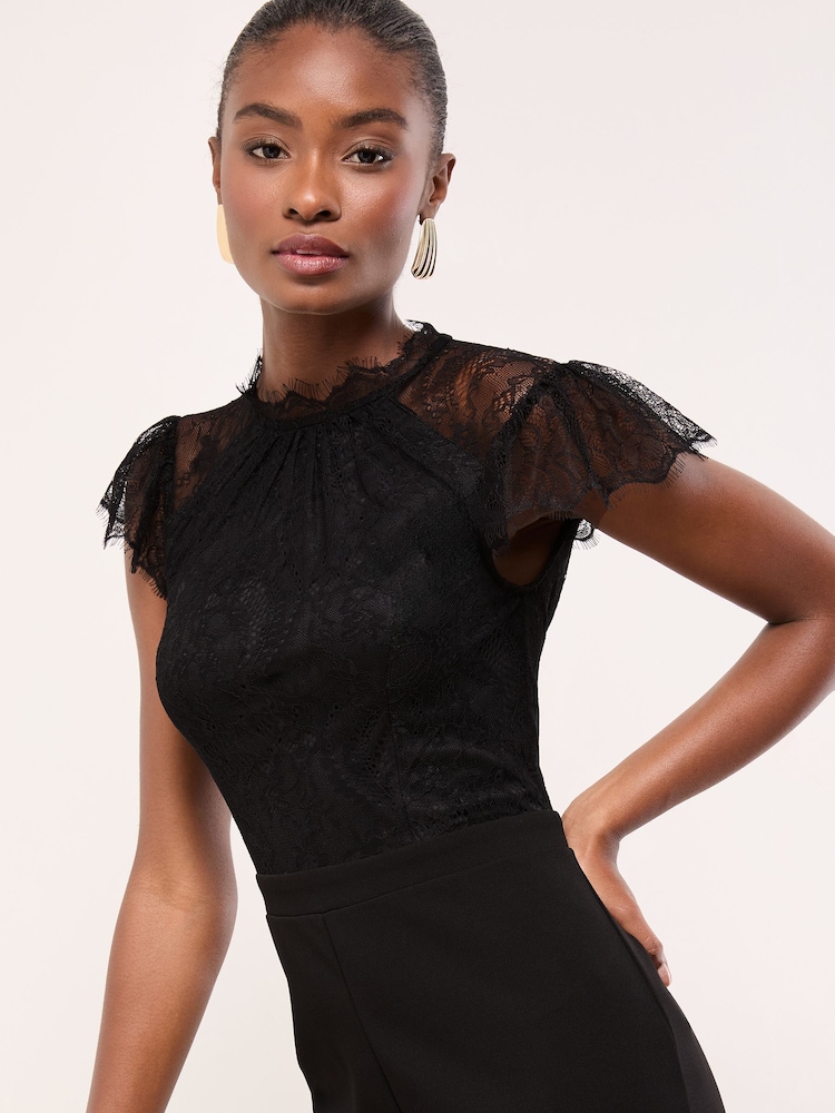 Lipsy Black Petite Lace High Neck Short Sleeve Jumpsuit - Image 2 of 4 Lipsy Black Petite Lace High Neck Short Sleeve Jumpsuit - Image 2 of 4