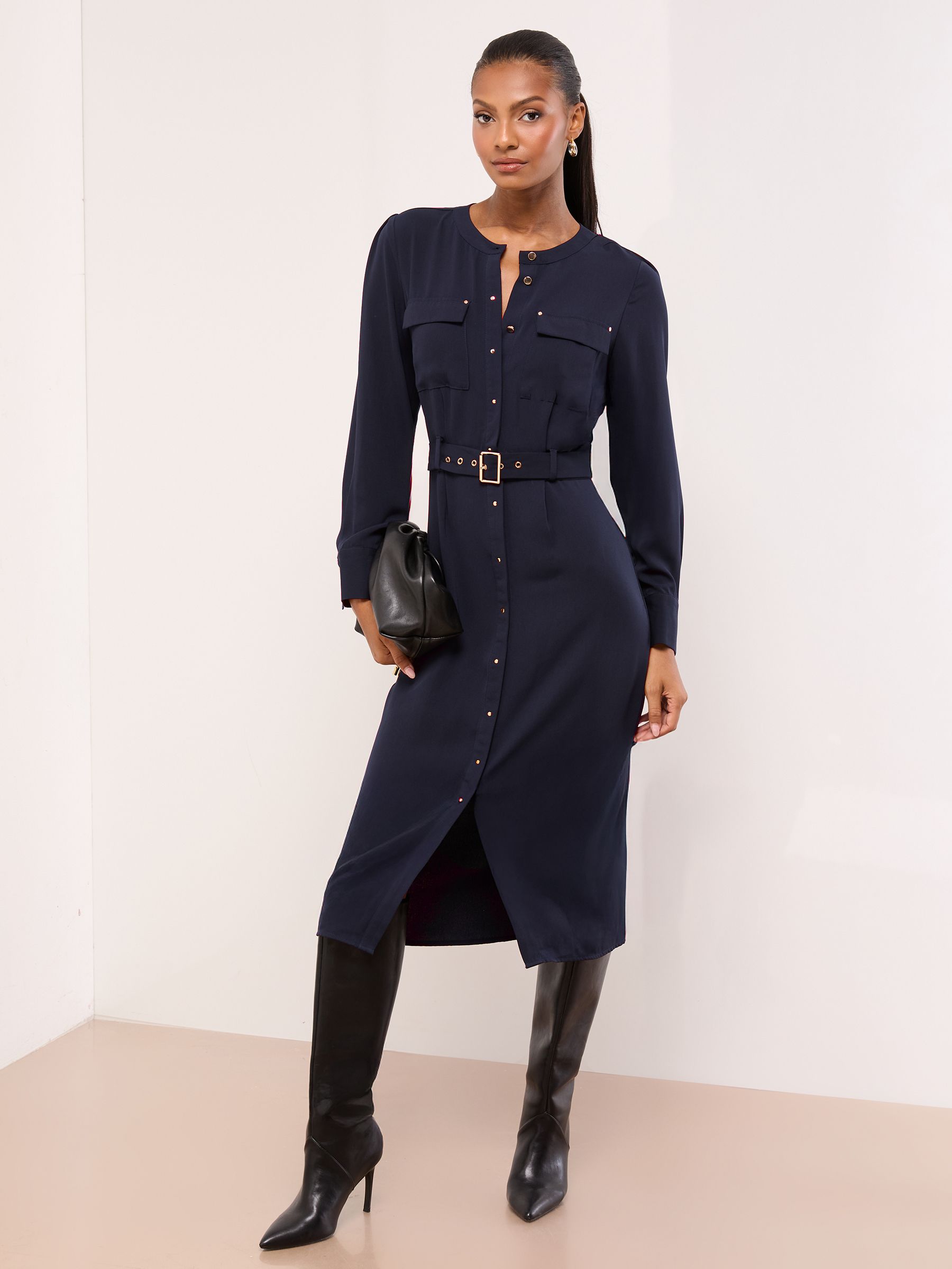 Buy Lipsy Navy Blue Grandad Collar Belted Midi Button Through
