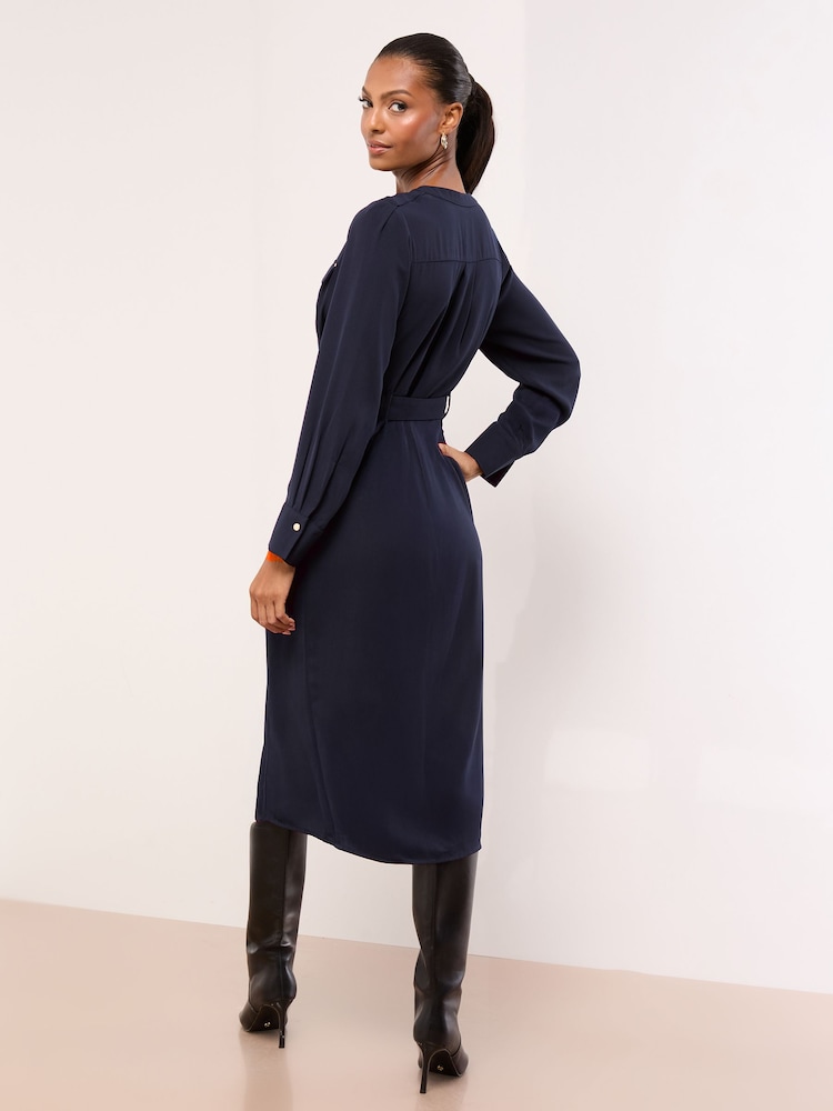 navy blue midi dress button up Button Up Shirt Dress, Summer Fall Navy Formal Button Up Midi Dress, Fit & Flare Dress, Retro Collared Long Sleeve Dress, Xiaolizi 2845