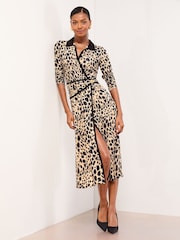Lipsy Monochrome Animal Print Wrap Collared Jersey Midi Shirt Dress - Image 1 of 4