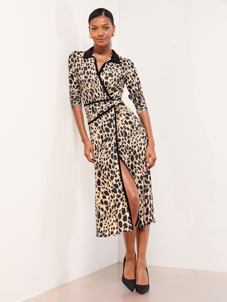 Lipsy Monochrome Animal Print Wrap Collared Jersey Midi Shirt Dress - Image 1 of 4