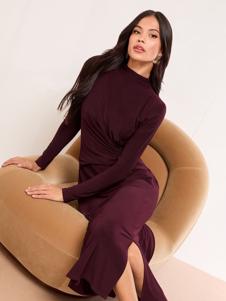 Lipsy Burgundy Red Long Sleeve Jersey Knot side Midi Dress - Image 1 of 4