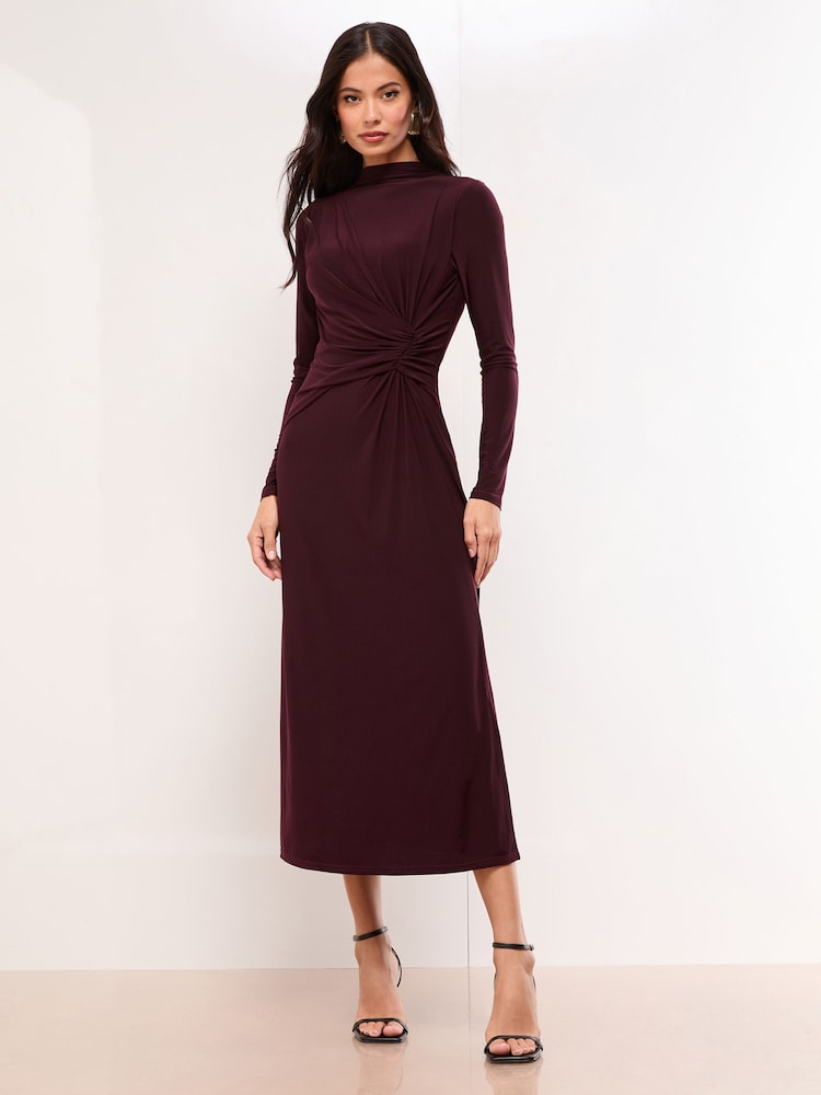 Lipsy Burgundy Red Long Sleeve Jersey Knot side Midi Dress - Image 2 of 4
