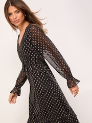 Lipsy Black Petite Metallic Spot V-Neck Ruffle Midi Dress - Image 1 of 4
