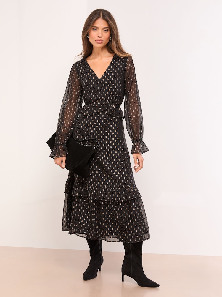 Lipsy Black Petite Metallic Spot V-Neck Ruffle Midi Dress - Image 2 of 4