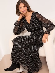 Lipsy Black Petite Metallic Spot V-Neck Ruffle Midi Dress - Image 3 of 4