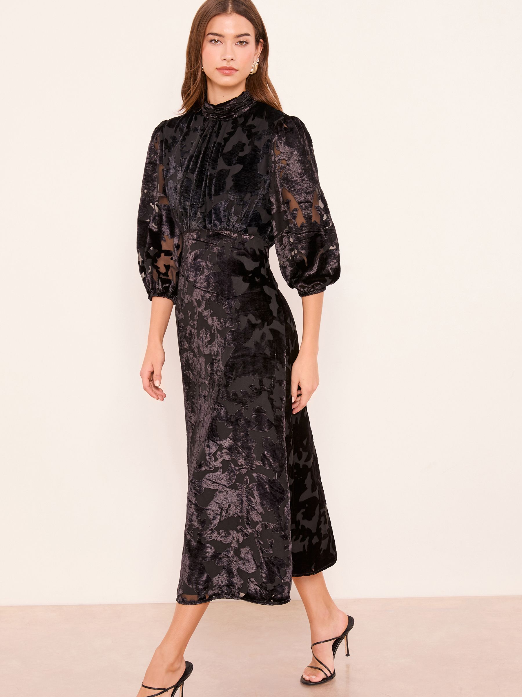 Buy Lipsy Black Petite Devore Velvet Puff Sleeve Midi Dress from