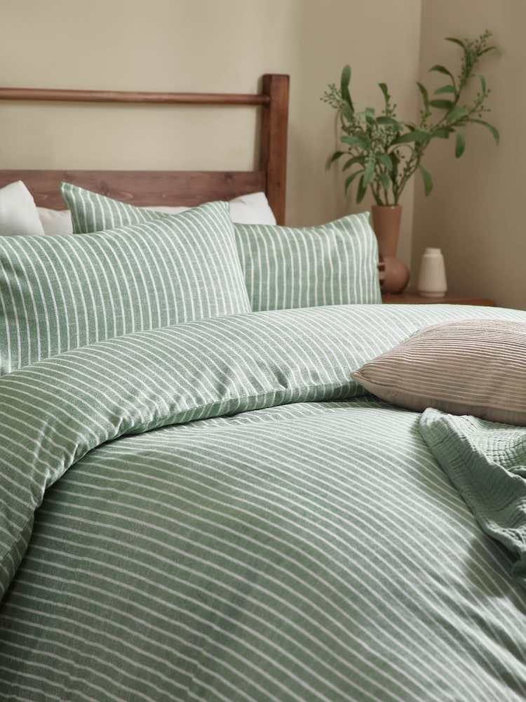 Yard Forest Green Holme Stripe Brushed Cotton Duvet Cover Set - Image 2 of 3 Yard Forest Green Holme Stripe Brushed Cotton Duvet Cover Set - Image 2 of 3