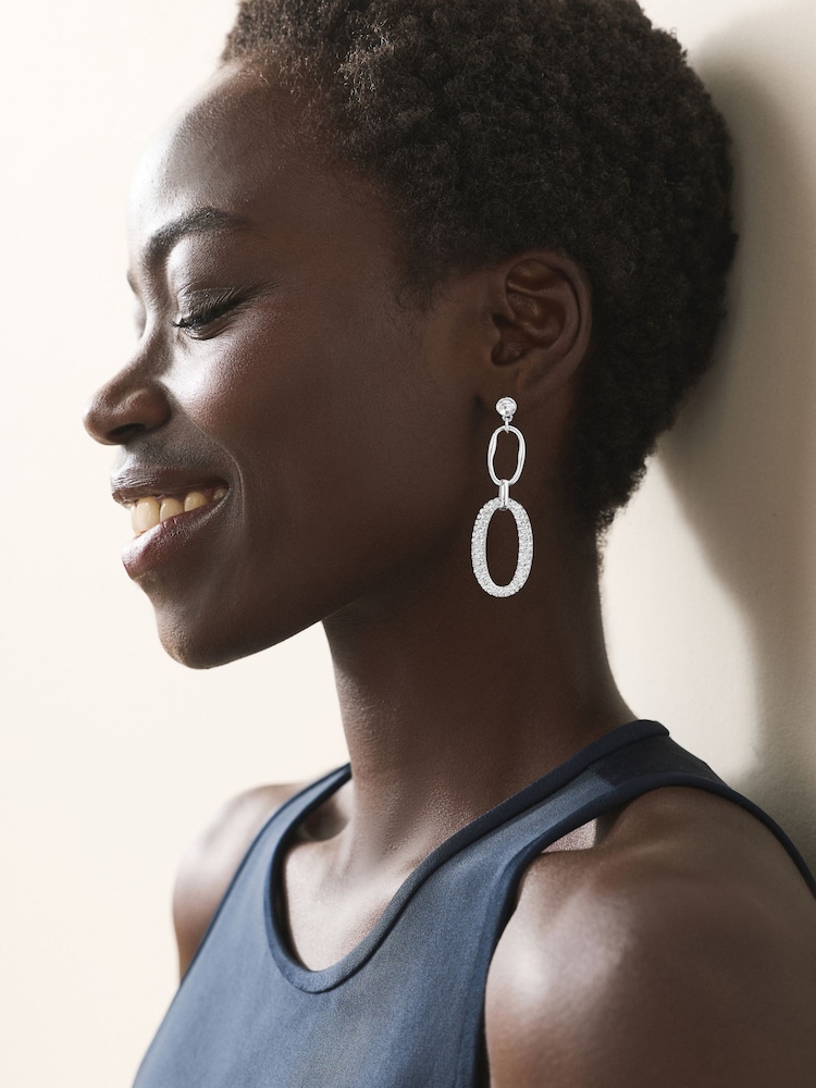 Silver Tone Sparkle Link Chain Drop Earrings - Image 1 of 6