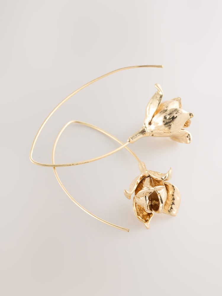 Gold Tone Flower Pull Through Earrings - Image 2 of 3 Gold Tone Flower Pull Through Earrings - Image 2 of 3