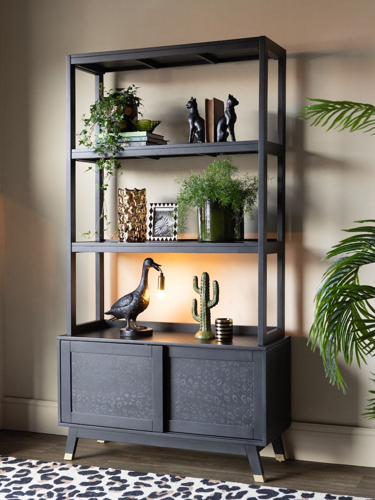 Rockett St George Black Mango Wood Leopard Print Shelving Unit - Image 1 of 5 Rockett St George Black Mango Wood Leopard Print Shelving Unit - Image 1 of 5
