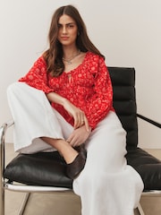 Red Conversational Print Long Sleeve Milkmaid Top - Image 3 of 8