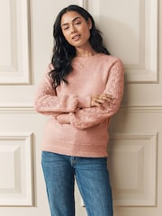 Laura Ashley Rose Pink Pointelle Scallop Edge Crew Neck Knit Jumper - Image 1 of 5