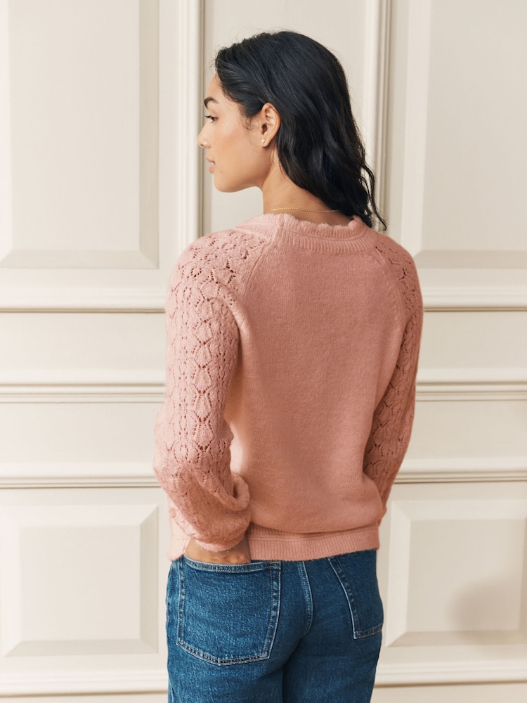 Laura Ashley Rose Pink Pointelle Scallop Edge Crew Neck Knit Jumper - Image 2 of 5 Laura Ashley Rose Pink Pointelle Scallop Edge Crew Neck Knit Jumper - Image 2 of 5