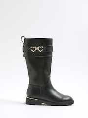 River Island Black Girls Heart Snaffle Knee High Boots - Image 1 of 5