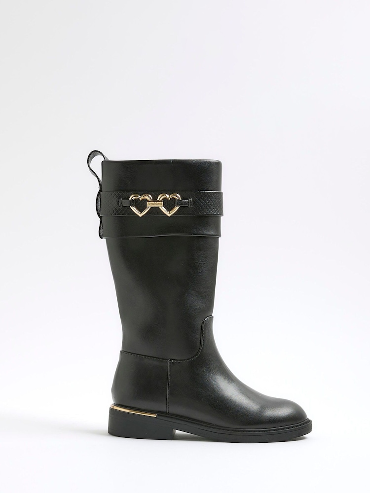 River Island Black Girls Heart Snaffle Knee High Boots - Image 1 of 5 River Island Black Girls Heart Snaffle Knee High Boots - Image 1 of 5