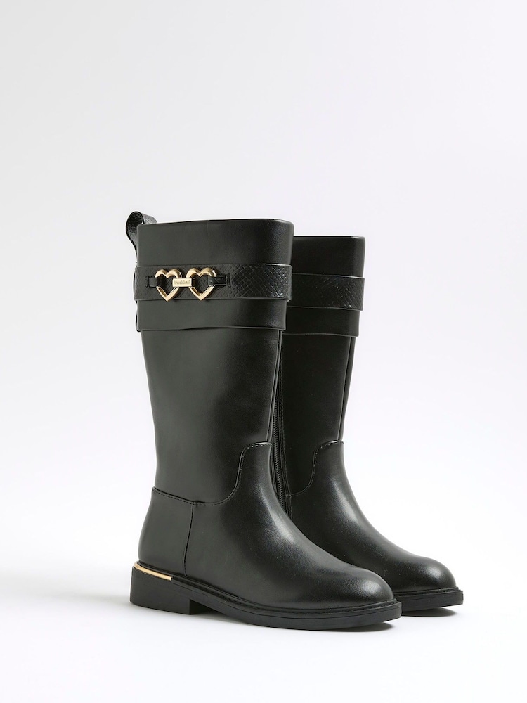 River Island Black Girls Heart Snaffle Knee High Boots - Image 2 of 5 River Island Black Girls Heart Snaffle Knee High Boots - Image 2 of 5