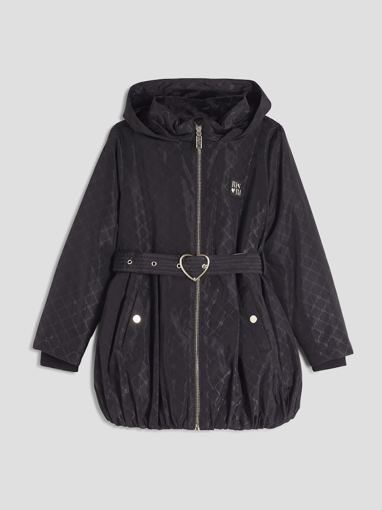 River Island Black Girls Monogram Bubble Hem Coat - Image 1 of 4 River Island Black Girls Monogram Bubble Hem Coat - Image 1 of 4
