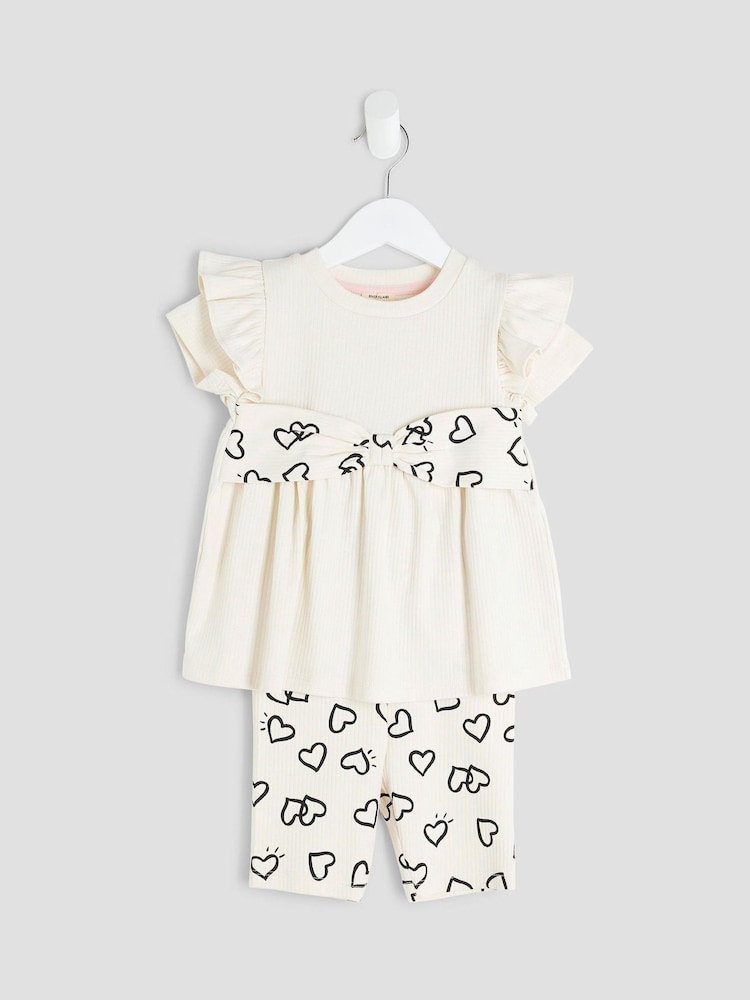 River Island Cream Girls Heart Bow Rib Top Set - Image 1 of 5 River Island Cream Girls Heart Bow Rib Top Set - Image 1 of 5