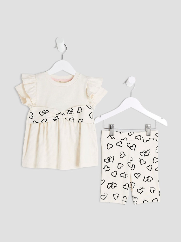 River Island Cream Girls Heart Bow Rib Top Set - Image 2 of 5 River Island Cream Girls Heart Bow Rib Top Set - Image 2 of 5